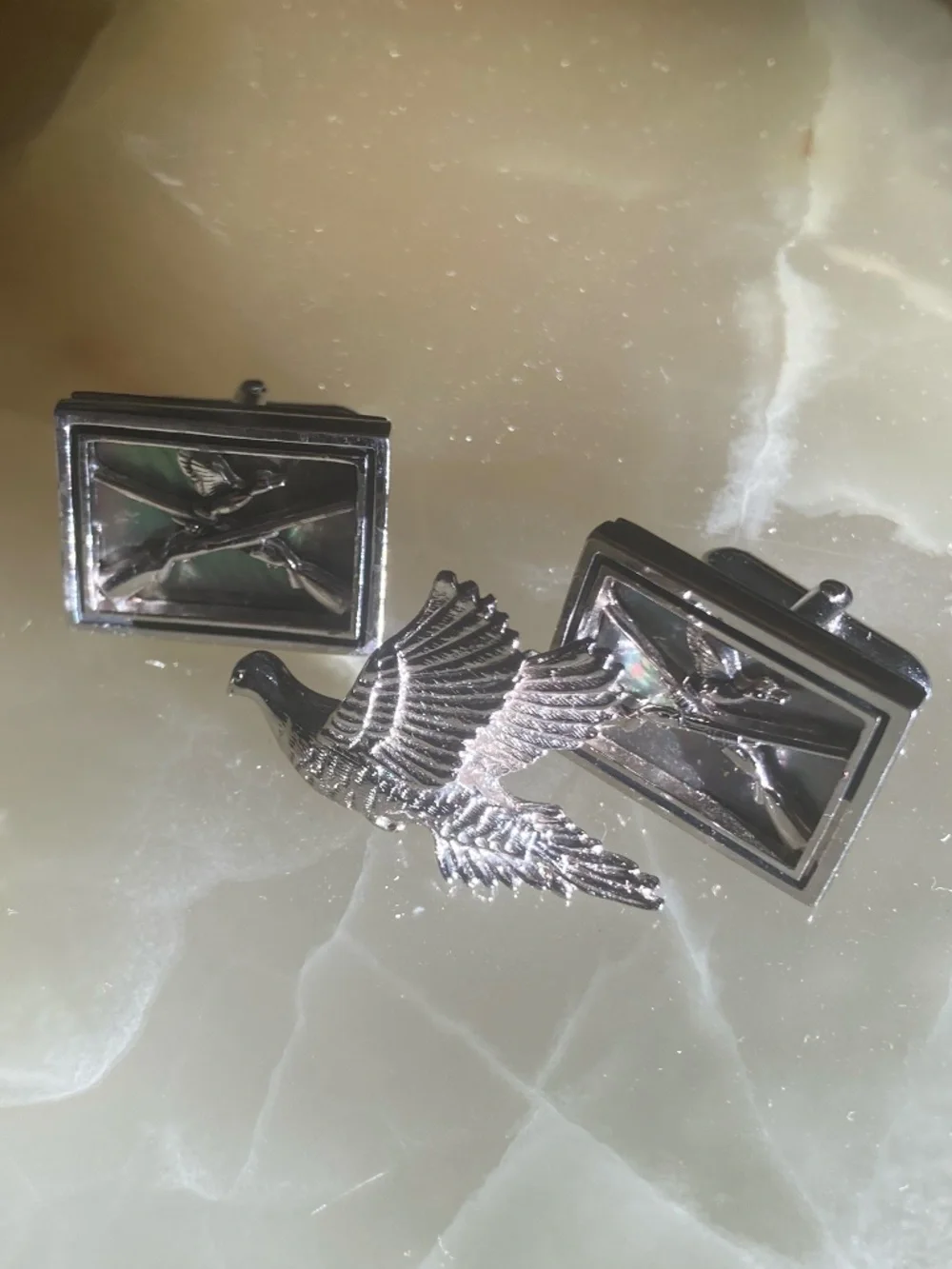 Vintage Silver Tone Duck Hunter Cufflinks & Matching Tie Tack Set– Formal
